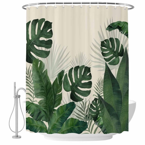 72x78 Inch Shower Curtain Monstera Leaves Bathroom Decor, Waterproof Fabric Bathtub Bath Curtains Decorative Summer Green Tropical Plants Leaf Beige Extra Long Shower Curtain Set with Hooks