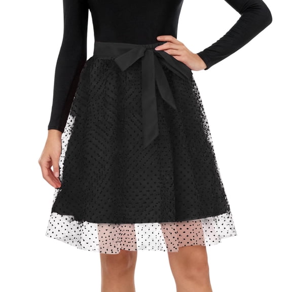 DHFJKG Womens Tulle Midi Skirts Polka Dot Layered Bow Skirt Dancewear Stage Show Flowy A Line Trendy Skirt
