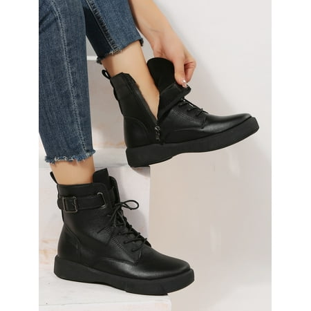 

Buckle Decor Lace-up Front Zipper Side Combat Boots Women‘s Footwear