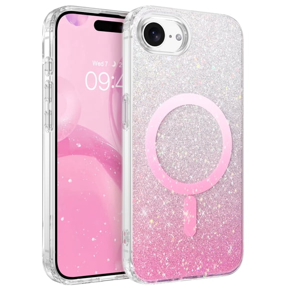 DUEDUE Magnetic Sparkle Case for iPhone 17e/16e, Glitter Gradient Pink White Shockproof Protective Cover, Slim Fit Anti-Yellow Case Compatible with MagSafe