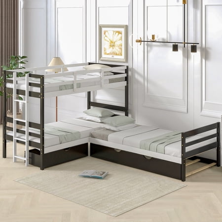CLEARANCE! Twin Size L-Shaped Bunk Bed and Platform Bed with Trundle and Drawer Espresso