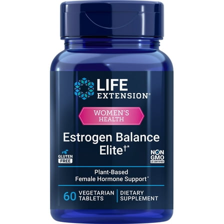 Life Extension Estrogen Balance Elite, menopause support supplement, hormone balance, hot flashes, night sweats, vaginal dryness, gluten-free, non-GMO, vegetarian, 60 tablets