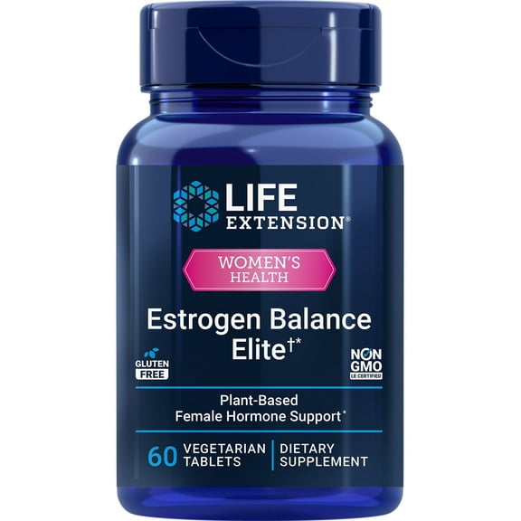 Life Extension Estrogen Balance Elite, menopause support supplement, hormone balance, hot flashes, night sweats, vaginal dryness, gluten-free, non-GMO, vegetarian, 60 tablets