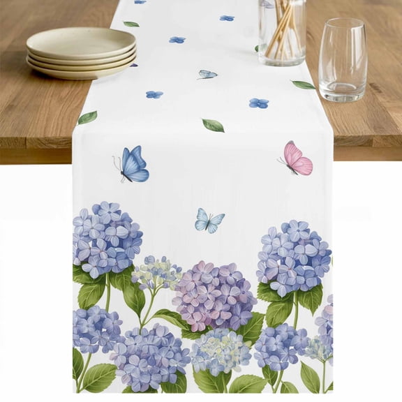 Spring Hydrangeas Table Runner 90 Inches Long Farmhouse Dress Scarves, Purple Floral Butterfly Leaves Dining Tablerunner for Coffee Table/Kitchen Island/Party Décor, 13" x 90"