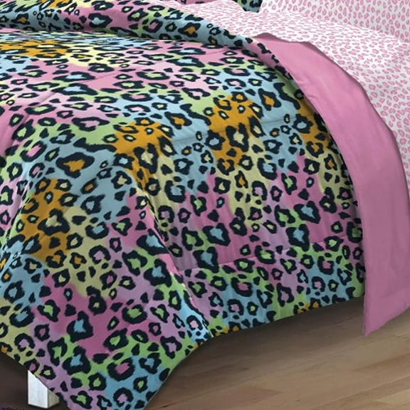 My Room Leopard Twin 5 Piece Bed in a Bag Bedding Set, Polyester, Pink, Sky Blue, Multi, Female, Child