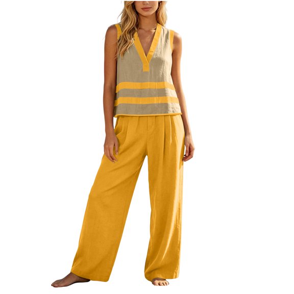 Guluxicc 2 Piece Women's Outfit Sets Linen V Neck Stripe Tank Tops High Waist Pleated Wide Leg Pants Outfits for Summer Casual Wear