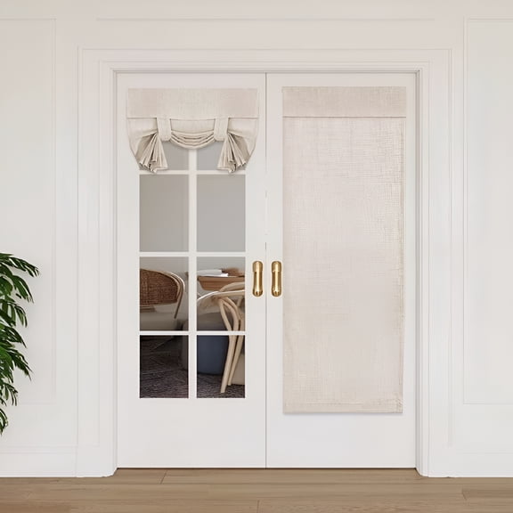 AUQ Natural Linen Blend Semi Sheer French Door Curtains Linen Curtains Natural Fabric- Light Filtering Tie-Up Shade for Patio,2 Panel (26"X68",Natural)