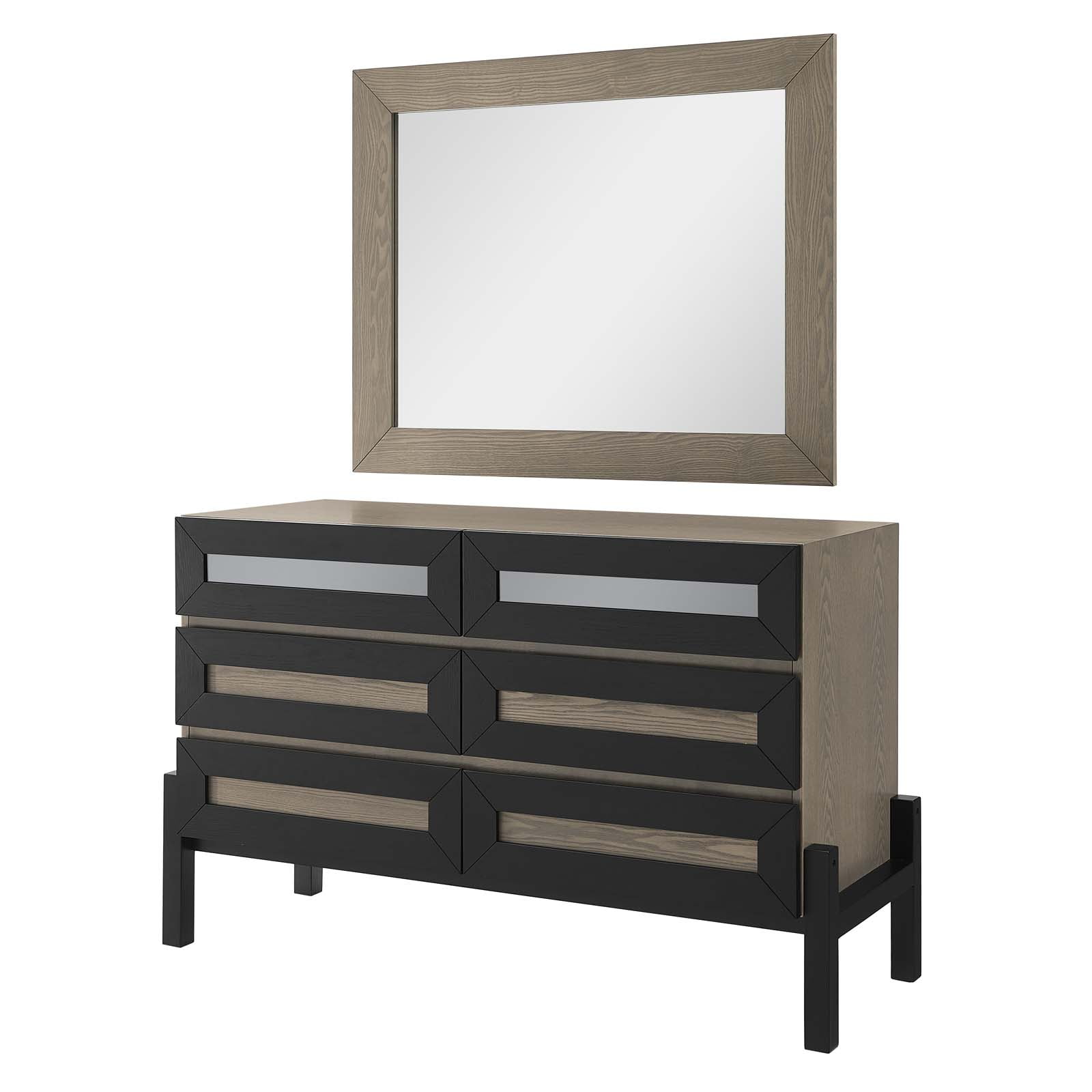 Merritt Mid-Century Brown Oak Dresser with Mirrored Accents