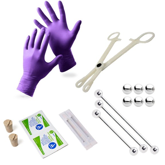 Industrial Piercing Kit  3 Barbells, Corks, Needles, Gloves, Forceps