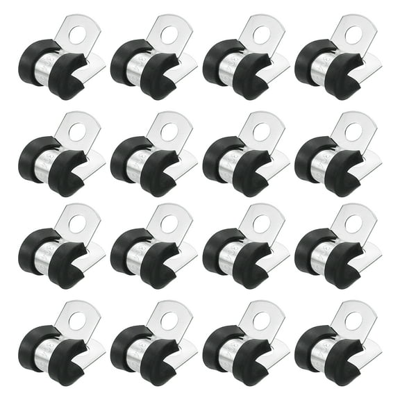 1/4"(6mm) Cable Clamp, 304 Stainless Steel Rubber Cushioned Insulated Clamp R Shape Metal Clamp Tube Holder for Pipe Hose Wire Cord Installation 16Pack