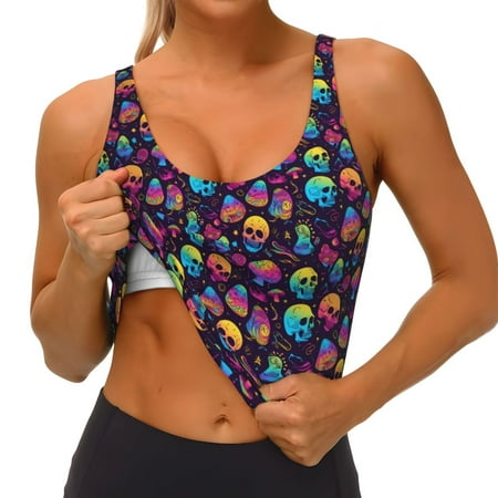 Qokaie mushroom color Skull Pattern Womens Scoop Neck Sports Bra Breathable Workout Vest Padded U Back Medium Impact Fitness Gym Yoga Bra Workout Crop Top