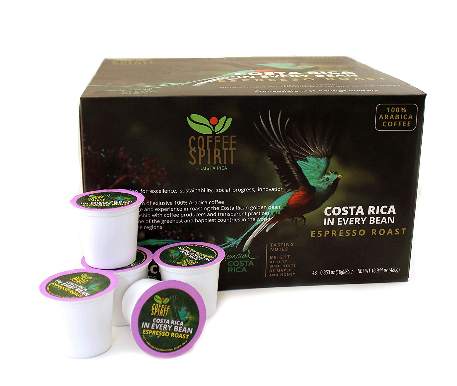 Coffee Spirit USA, Coffee KCups Pods, Espresso Roast, Costa Rica