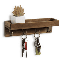 10 Inch Floating Wall Shelf with Hooks, Dark Brown Wood Entryway Storage Shelf with 4 Metal Key Hooks