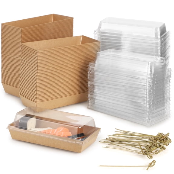 100 PCS Paper Charcuterie Boxes with Clear Lids, 7.5 x 3.3 x 2.4 in Sandwich Boxes with 100 Wooden Picks, Disposable Food Containers with Skewers for Treats, Cookies, Dessert, Fruits