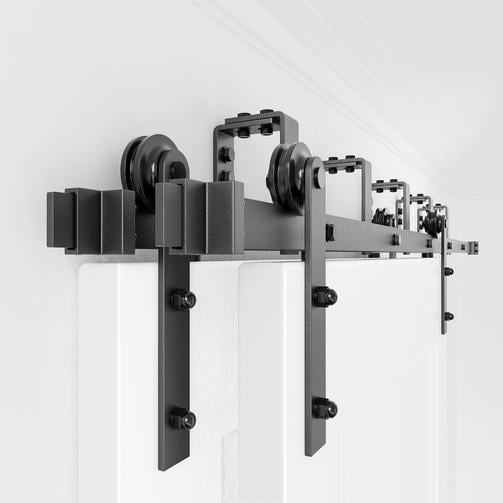 WINSOON 6.6FT Double Bypass Sliding Barn Door Hardware Kit Black Finish I Style Hanger