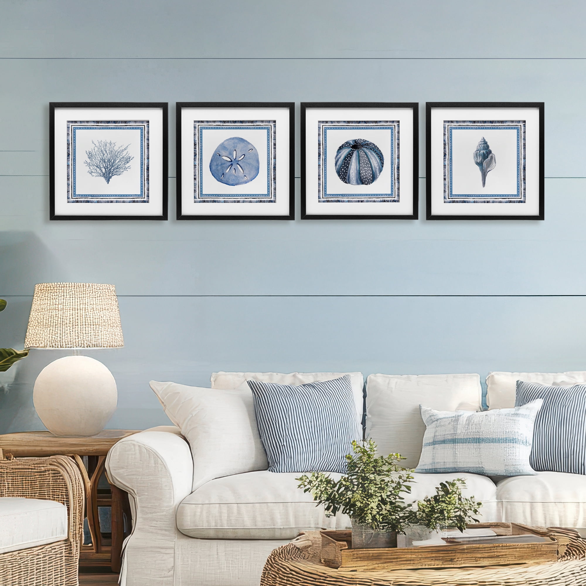 Stupell Industries Coastal Teal Bordered Coral 4 Piece Black Framed Print Under Glass Set, design by Lanie Loreth