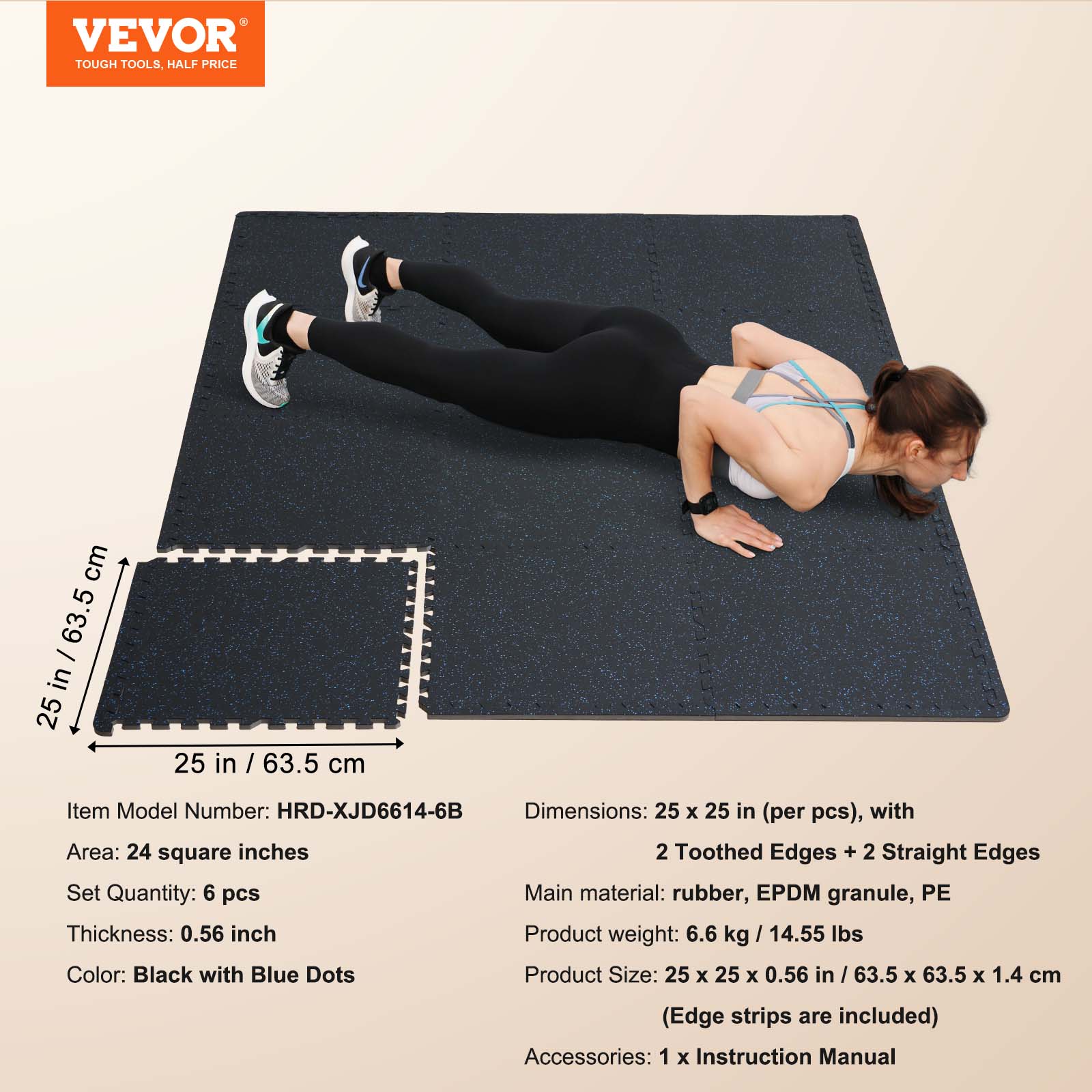 VEVOR 0.56 Inch Thick Gym Floor Mats, 6 Tiles Rubber Top with EVA Foam, 25" x 25" Gym Flooring Workout Mats with 25 sq.ft Coverage, Interlocking Puzzle Gym Mats for Gym, Home, Black & Blue