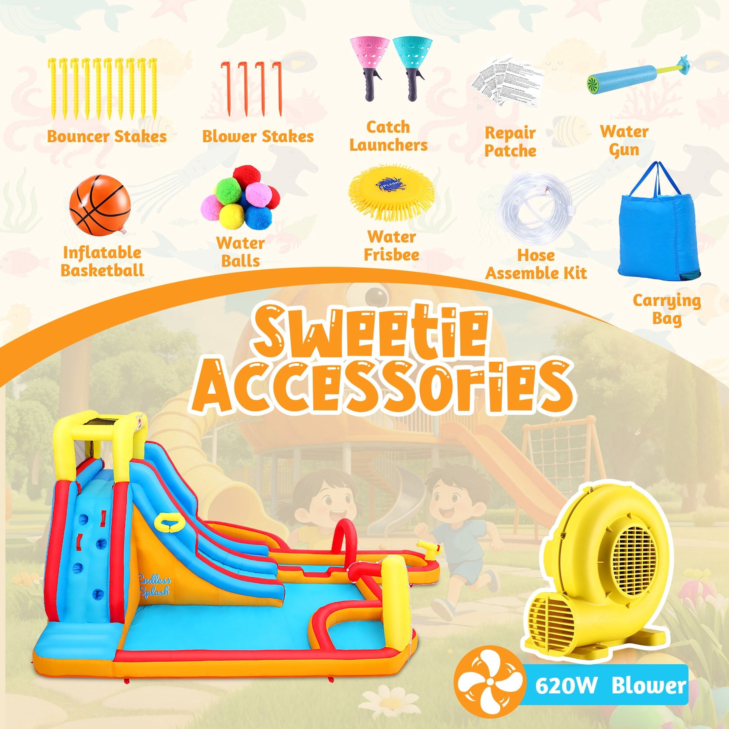 Funcid Inflatable Bounce with Water Slide, 19.3X14Ft Bounce House, Extra Long Side with Splash Pooll, Blow Up Water Slides Inflatables for Kids Backyard, with Blower
