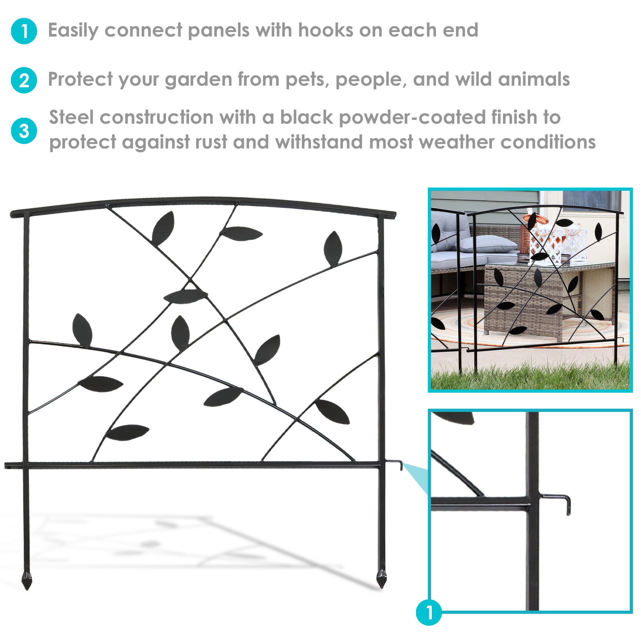 Sunnydaze Modern Leaves and Vines 32" x 26" Black Steel Decorative Garden Fence Panels (5 Count)