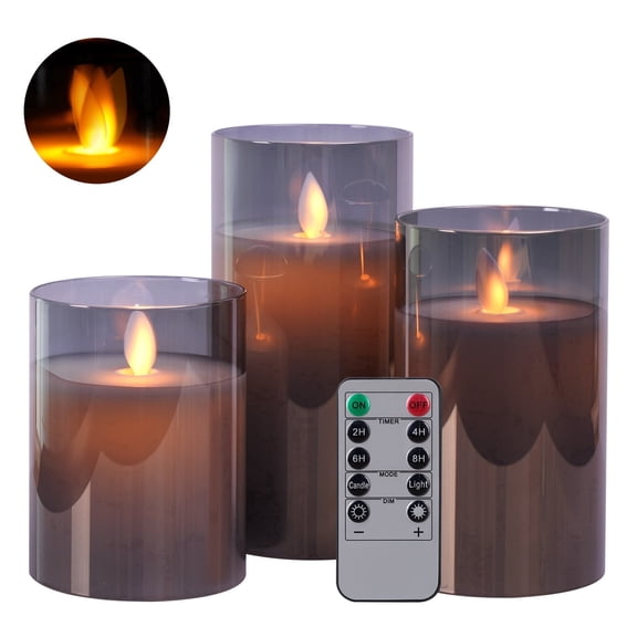 Lasumora Flameless Glass Candles with Remote and Timer, Battery Operated Moving Wick LED Blackset of 3 Candles for Wedding Indoor Holiday Decor