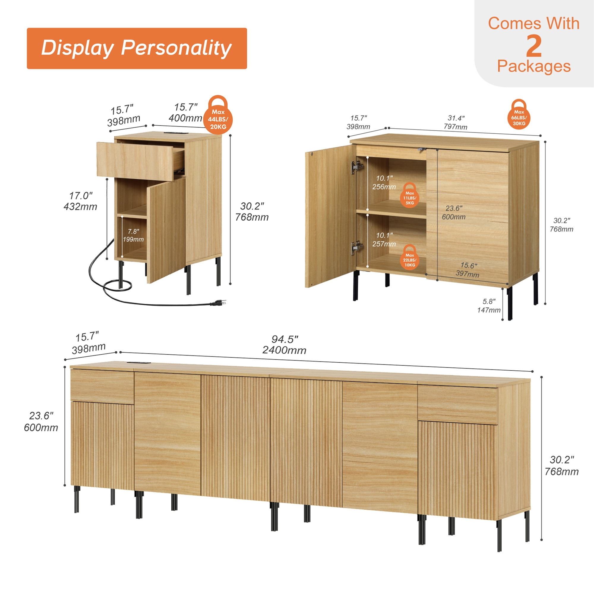 94.5" Reeded Accent Cabinet Set with Doors and Adjustable Shelves, Modern Credenza Storage Cabinet with Charging Station for Living Room, Kitchen, Dining Room, Hallway