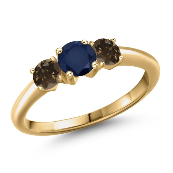 Gem Stone King 18K Yellow Gold Plated Silver Blue Sapphire and Brown Smoky Quartz Engagement Ring for Women | 1.12 Cttw | Round 5MM | Gemstone September Birthstone | Size 9