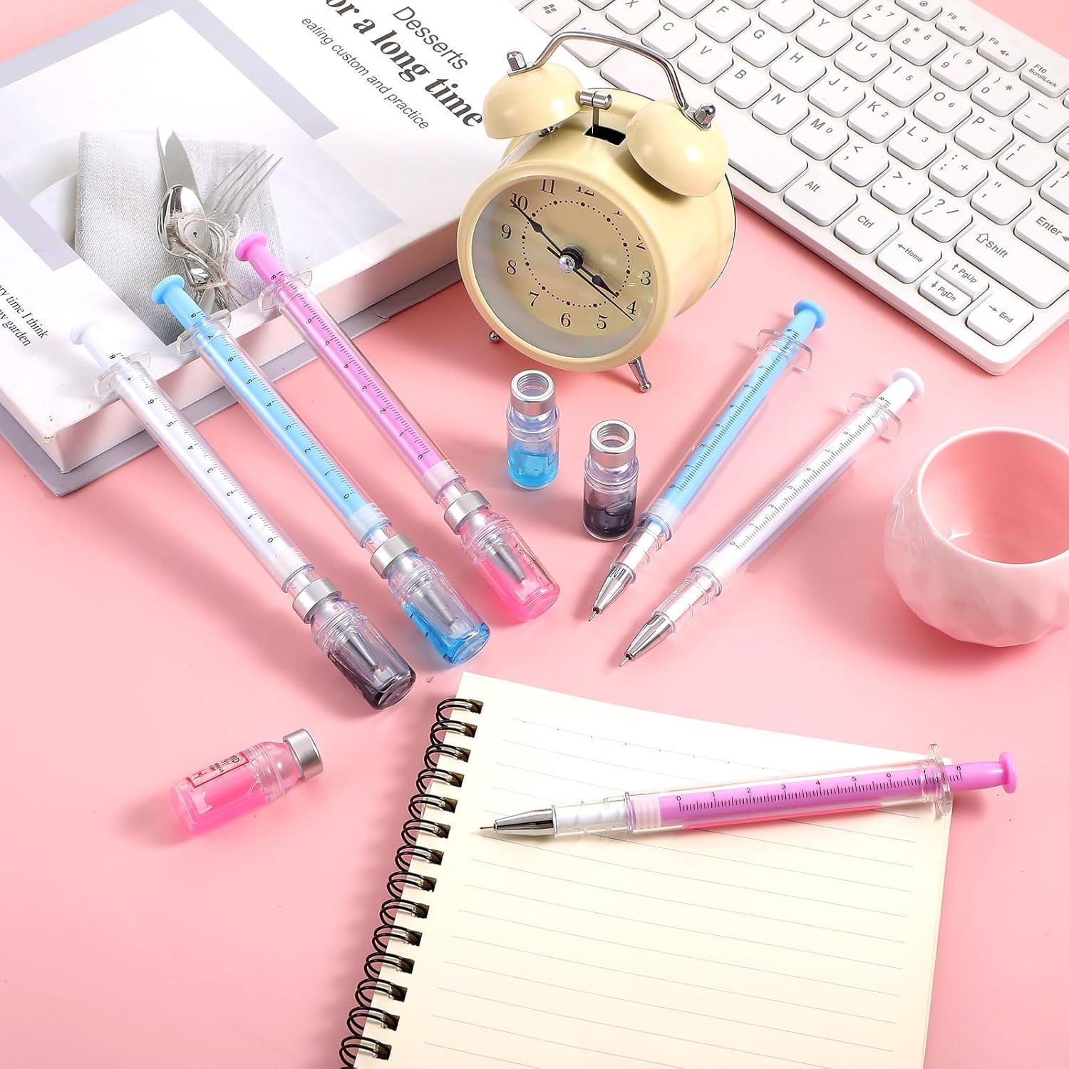24 PCS Syringe Pen Bulk, 0.5mm Black Ink Needle Pens for Writing - 6.18in Syringe Pens for Nurses, Medical Theme Gel Pen, Office Party Favors(White, Blue, Pink)
