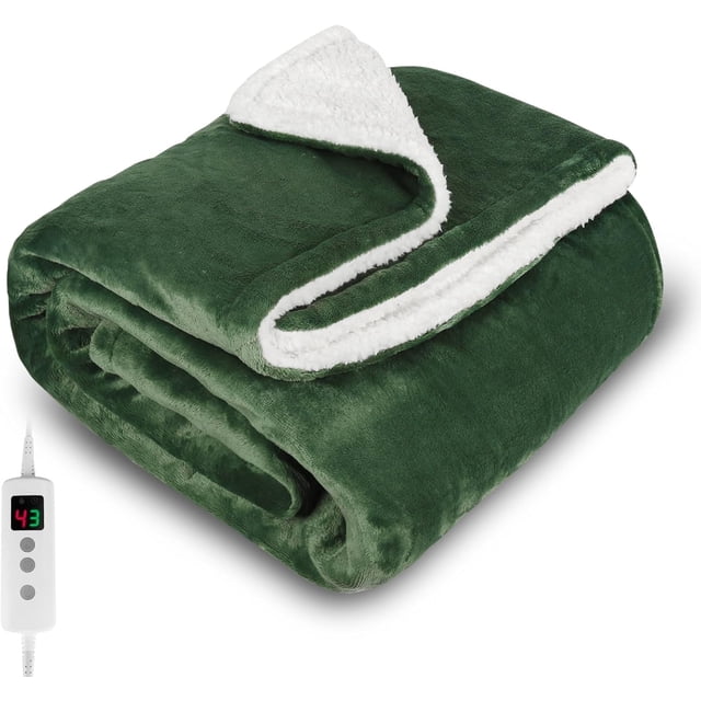 Biwat-Heated Blanket Electric Blanket Green 50x60in, 10 Levels &1-9H Timer Auto-Off, Machine Washable, Soft Flannel Sherpa Full Body Warming, Sofa Bed Office Use, Heating Blanket
