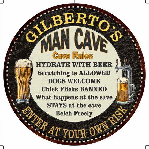 GILBERTO'S Man Cave Rules 14" Round Metal Sign Garage Wall Decor 100140010468