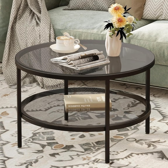 Round Glass Coffee Tables for Living Room, 2-Tier Circle Coffee Table with Storage, 26" Modern Center Accent Table with Light Black Glass, Small End Table for Small Space, Bedroom