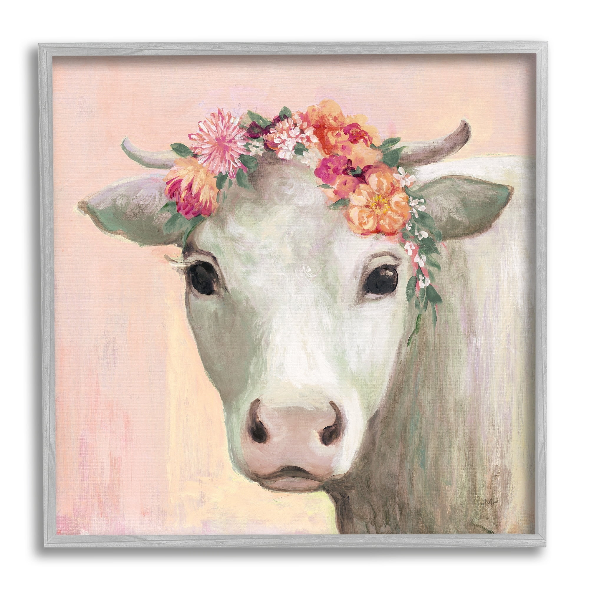 Stupell Industries Baby Horned Cattle Wildflower Floral Crown Soft Pink, 24 x 24, Design by Julia Purinton