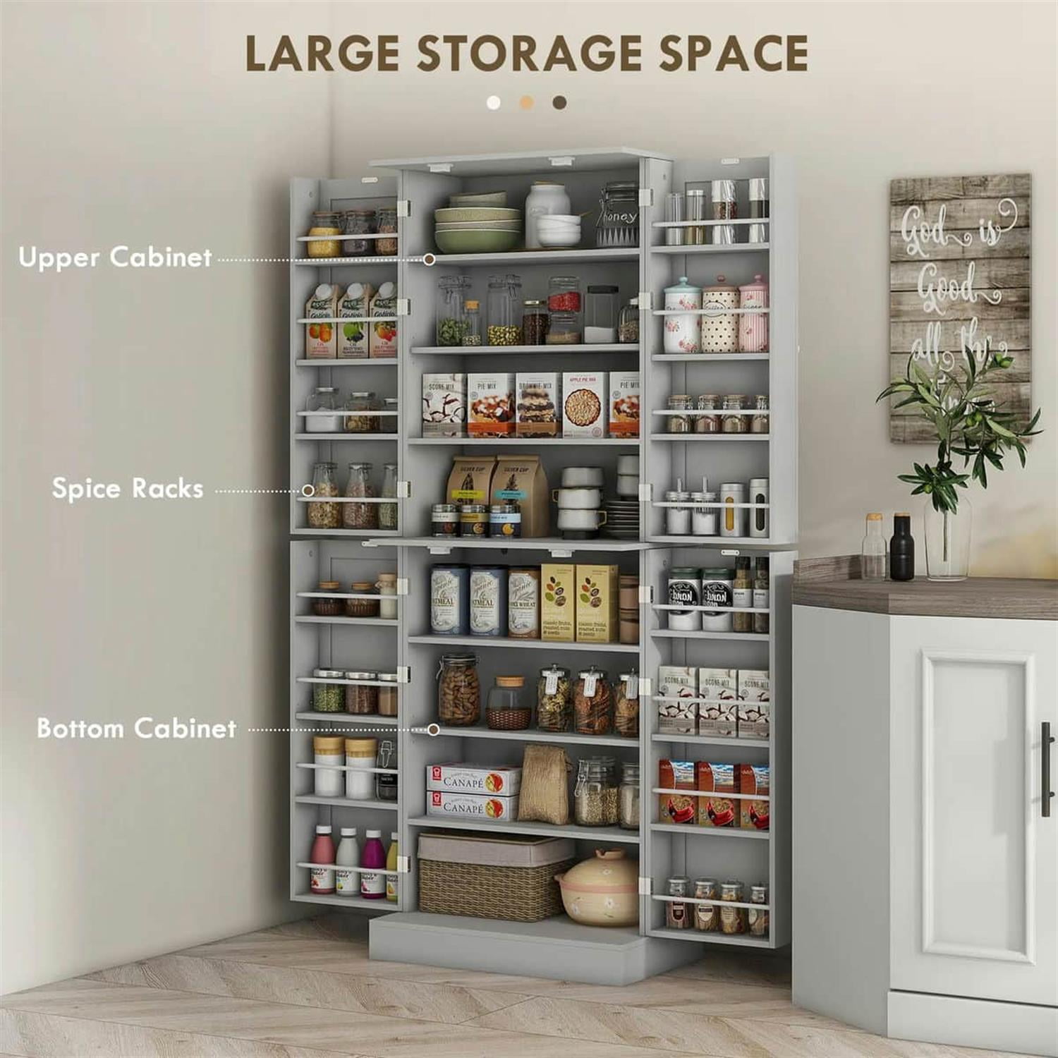 Demi Bonn 65" Kitchen Pantry Cabinet, 4-Door Storage with 16 Shelves for Dining Room, Space-Saving Kitchen Organization, Gray