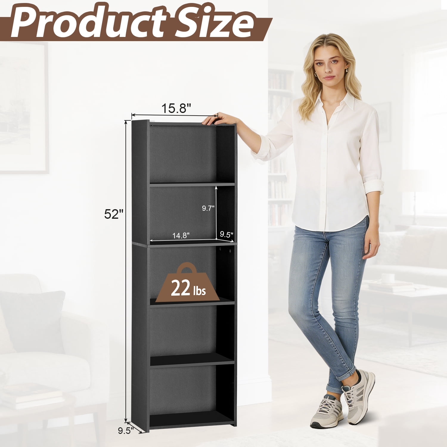 ZenSports 5-Shelves Narrow Bookcase Small Open Modern Bookshelf Adult Kids Storage Organizer Black