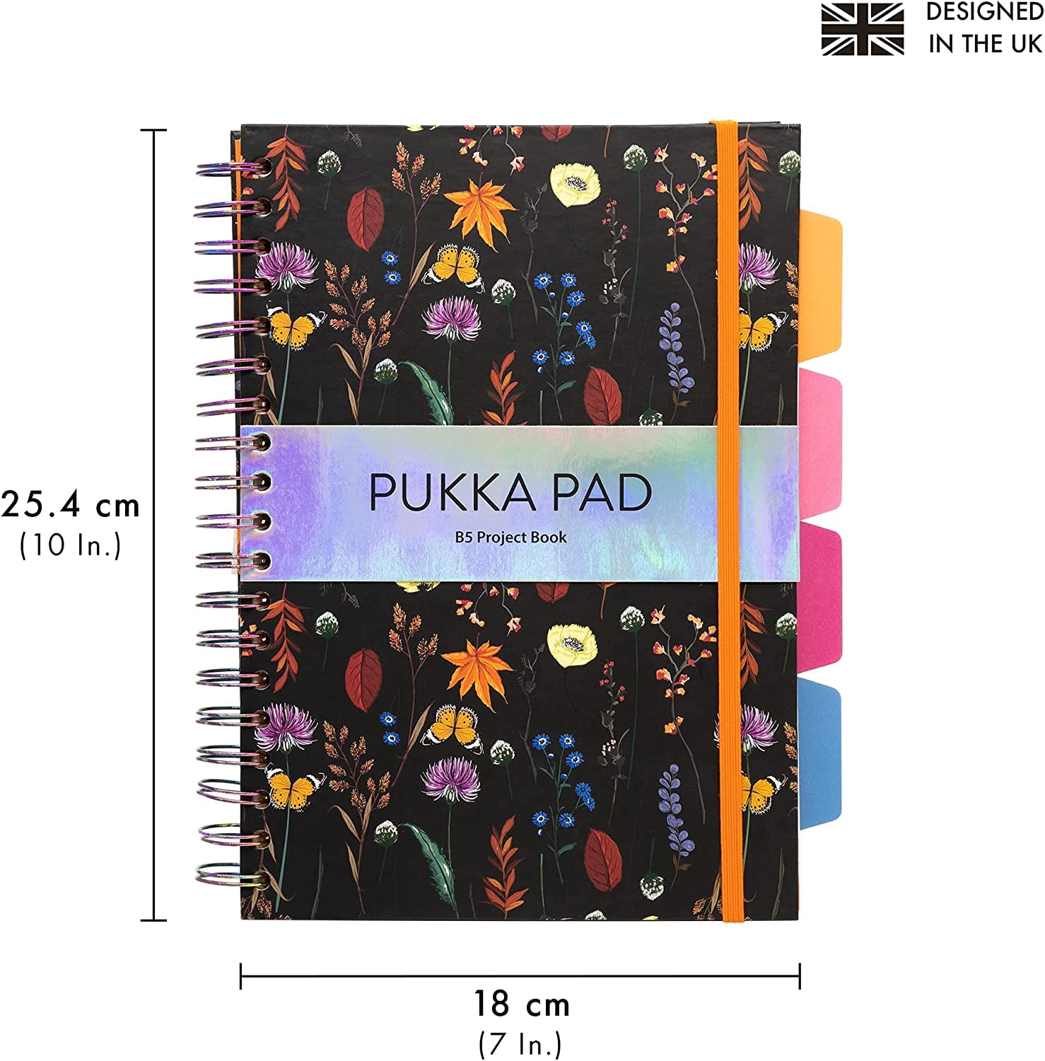 Pukka Pad, 5 Subject Spiral Notebook 12-Pack with Repositionable Dividers - 200 Pages of 80GSM Paper with Perforated Edges, Great for Office, Planning, Staying Organized - Bloom, B5-7 X 10in