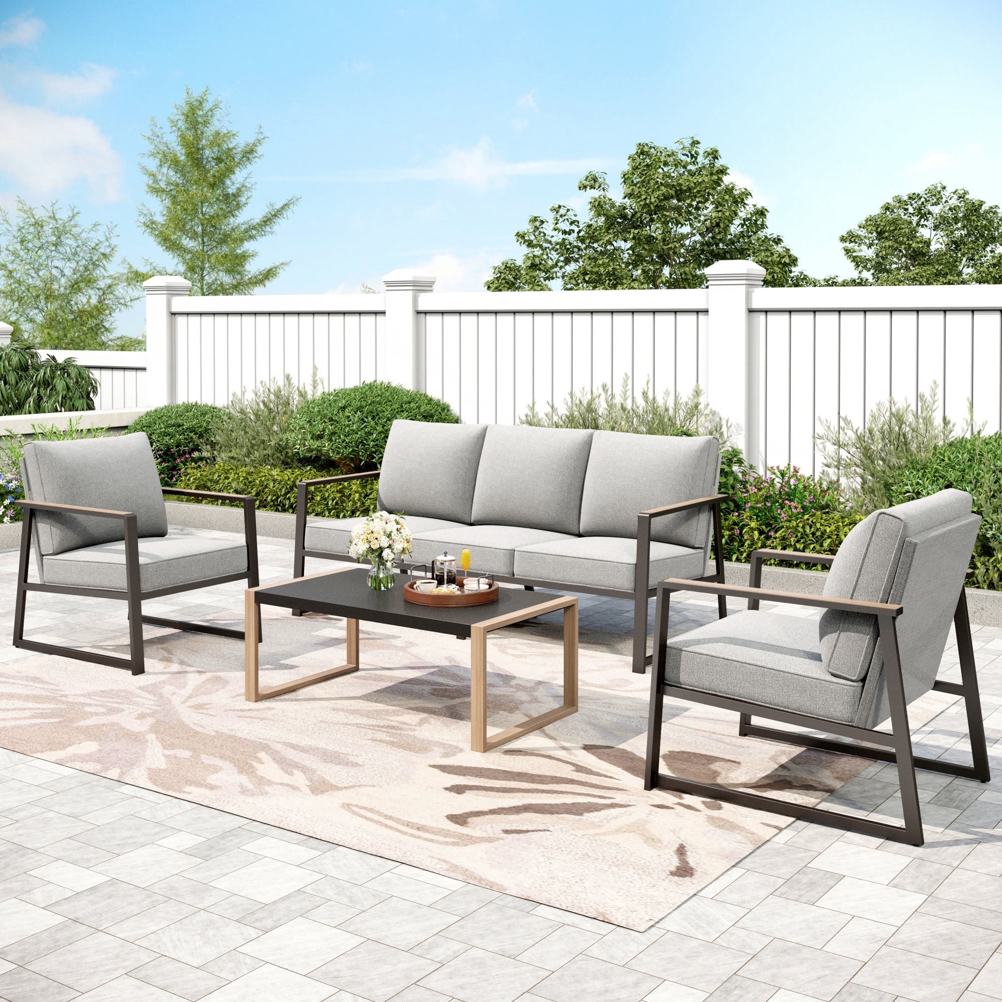 MF Studio 4-Piece Modern Outdoor Patio Furniture Set with All-Weather Cotton-Filled Sling Fabric Sofa Back, Wood-Grain Outdoor Patio Conversation Set with U-Shape Coffee Table, Gray