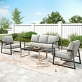 thumbnail image 4 of MF Studio 4-Piece Modern Outdoor Patio Furniture Set with All-Weather Cotton-Filled Sling Fabric Sofa Back, Wood-Grain Outdoor Patio Conversation Set with U-Shape Coffee Table, Gray, 4 of 18