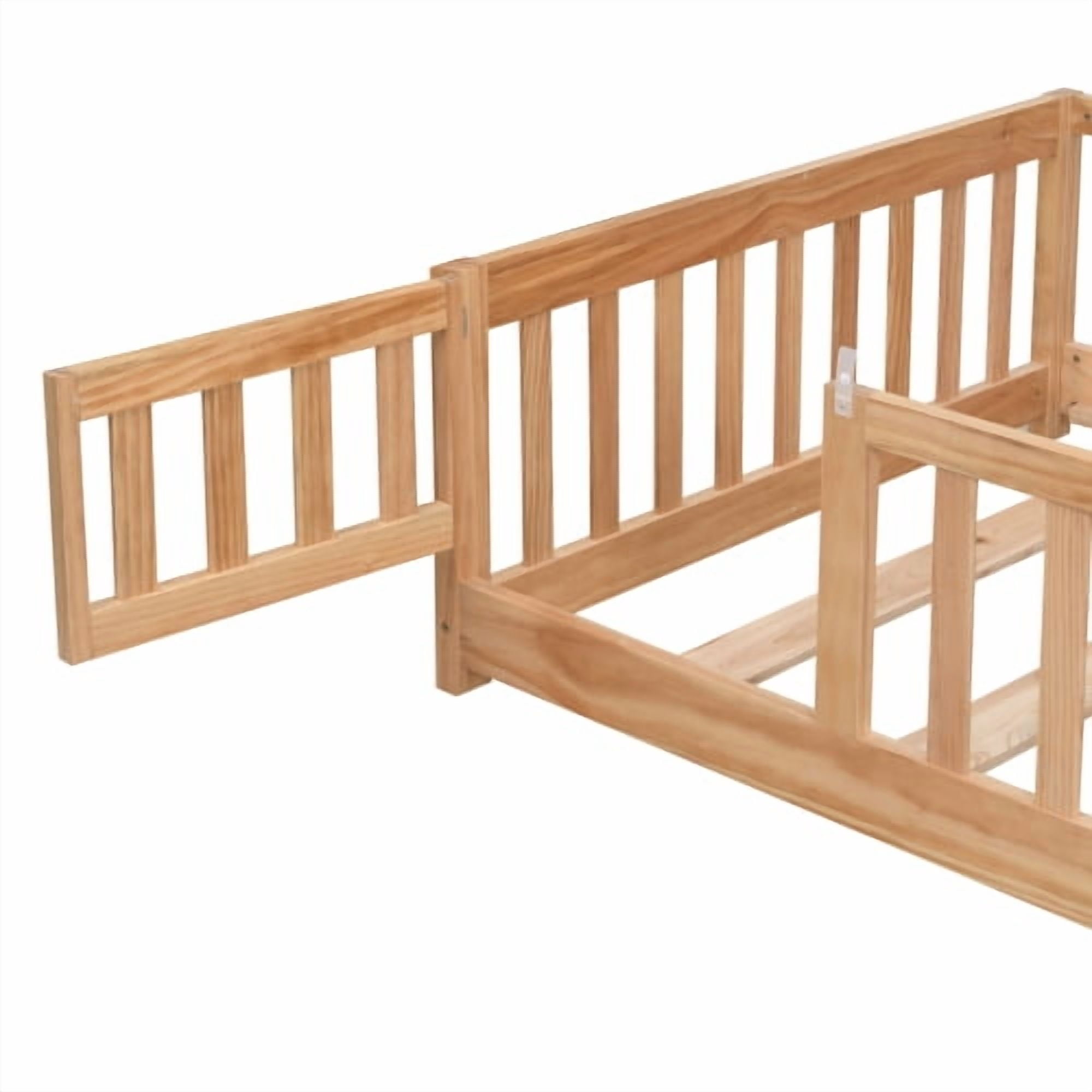 full Size Floor Bed with Door,Solid Wood Platform Bed Frame with Fence,Suitable for children,Pine Wood,Natural