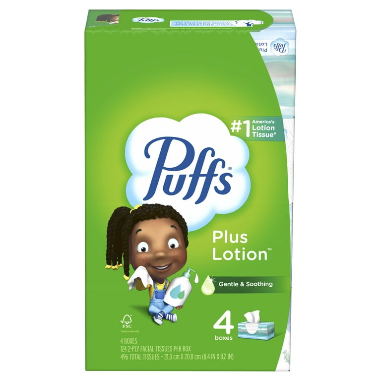 Puffs Plus Lotion Facial Tissues, 4 Family Box, 124 White Tissues per Box 