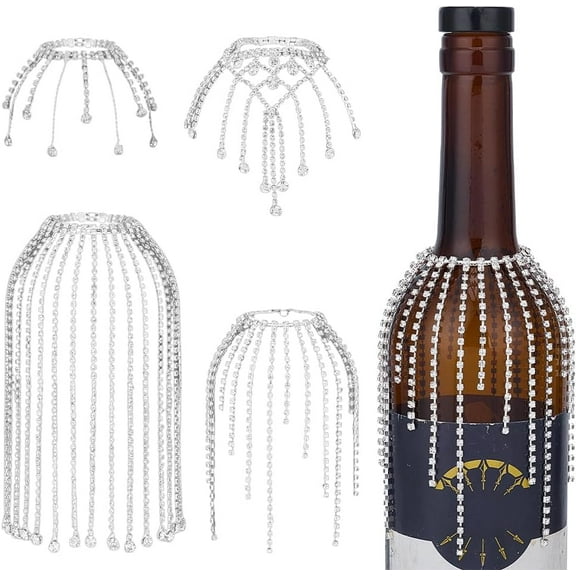 4Pcs 4 Styles Rhinestone Wine Bottle Decoration Jewel Tassel Wines Bottle Short Veil 4.7 Inch Rhinestone Tassel Wine Bottles Pendant Wines Bottles Cork Charms for Party Wedding Decor