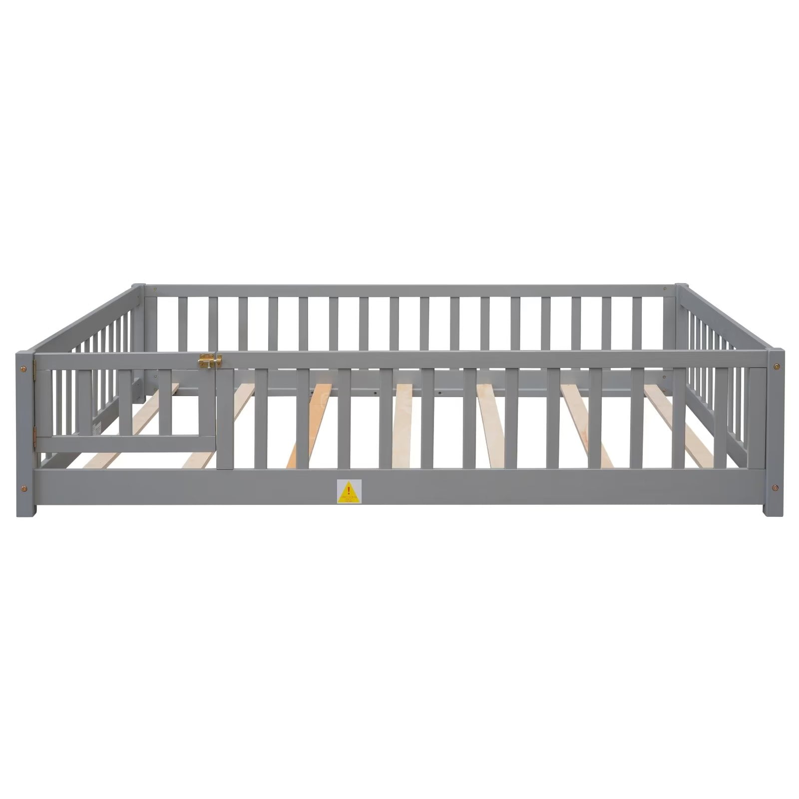 Full Size Floor Bed for Children, Solid Wood Platform Bed Frame with Safety Fence & Door, Wood Slats, Durable Fun Design Floor Bed, for Girls and Boys, Gray