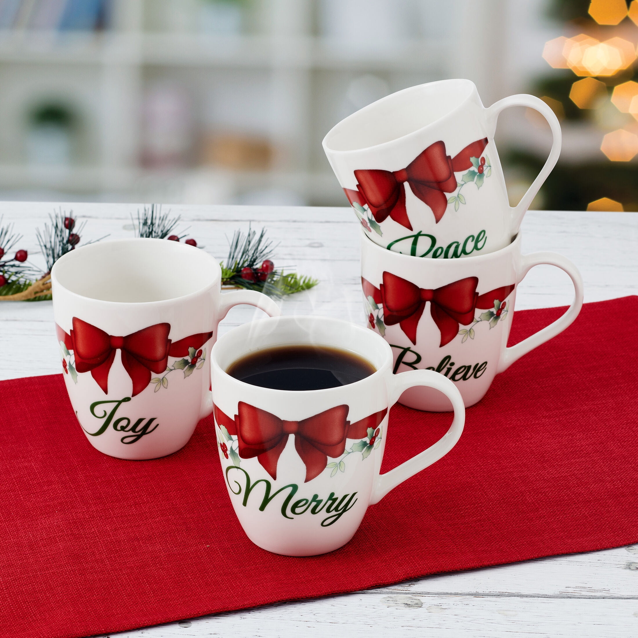 Pfaltzgraff Winterberry Porcelain 20 oz Mug Sentiment Bows Set of 4