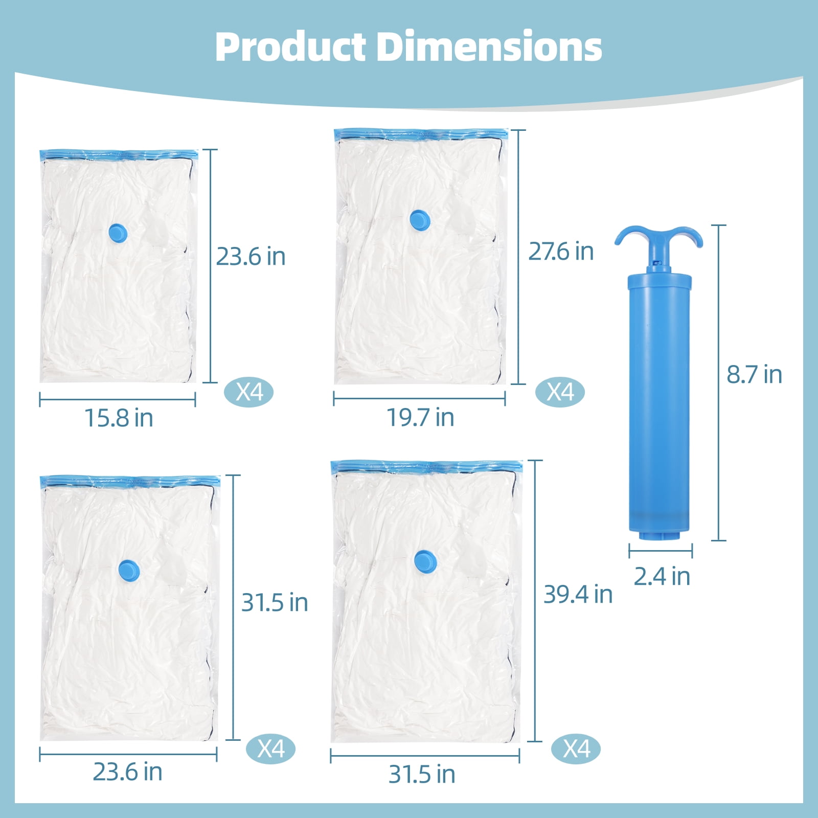16PCS Vacuum Storage Bags, 4 Sizes Vacuum Packing Bags with Manual Pump, Space Saver Bags for Clothes Bedding, Airtight Seal Compression Organizer for Travel & Moving Use