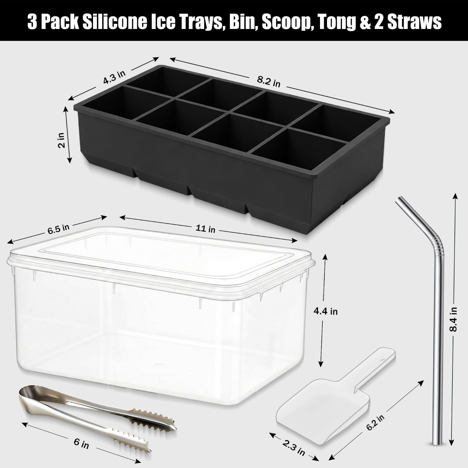 Large Silicone Ice Cube Tray - 3 Pack Trays For 8 Square Cubes With Bin  Scoop Tong & 2 Ss Straws Easy Release Mold Coffee (black)