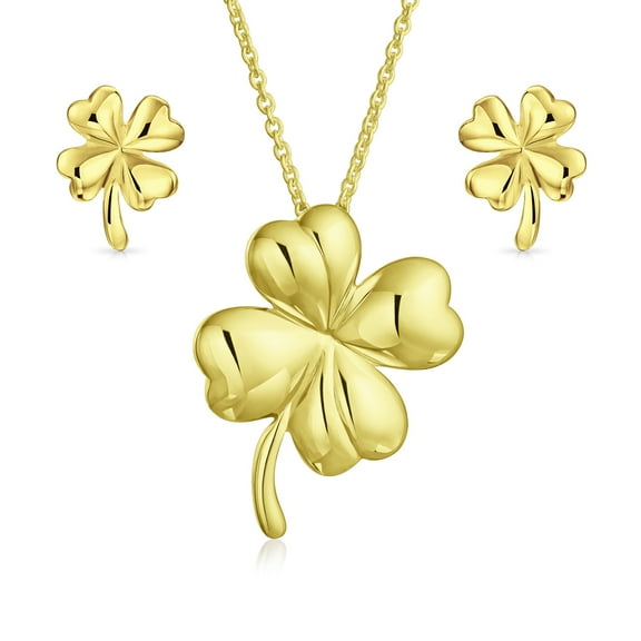Bling Jewelry Womens Flower Clover Charm Pendant Necklace & Stud Earrings Set Gold Plated Silver