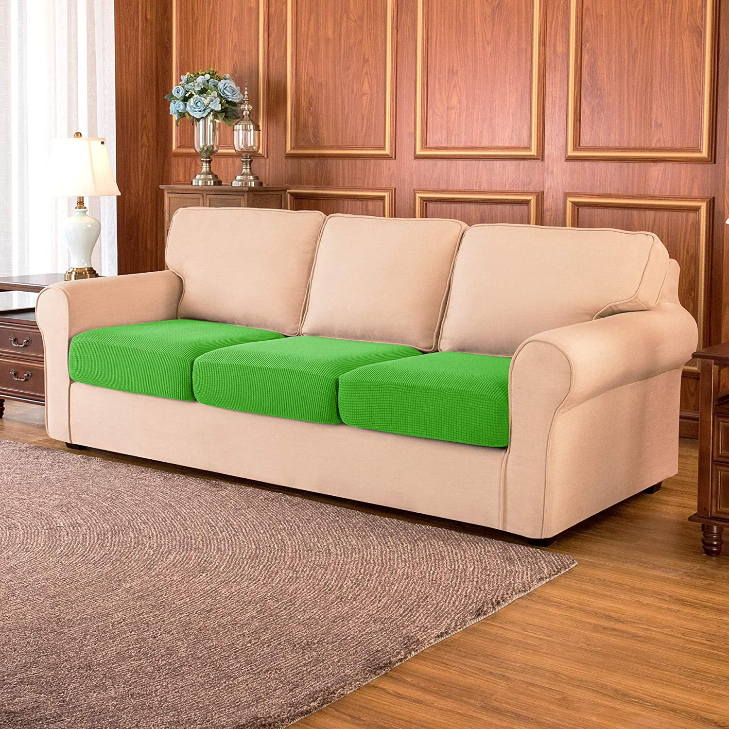 Subrtex Cushion Covers Separate Seat Stretch Textured Grid (3PCS, Grass Green)