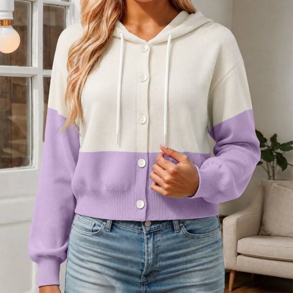 HCYSFG Womens Color Block Cardigan Hooded Button Front Long Sleeve Cropped Fit Textured Knit Sweater Casual Everyday Layering Tops