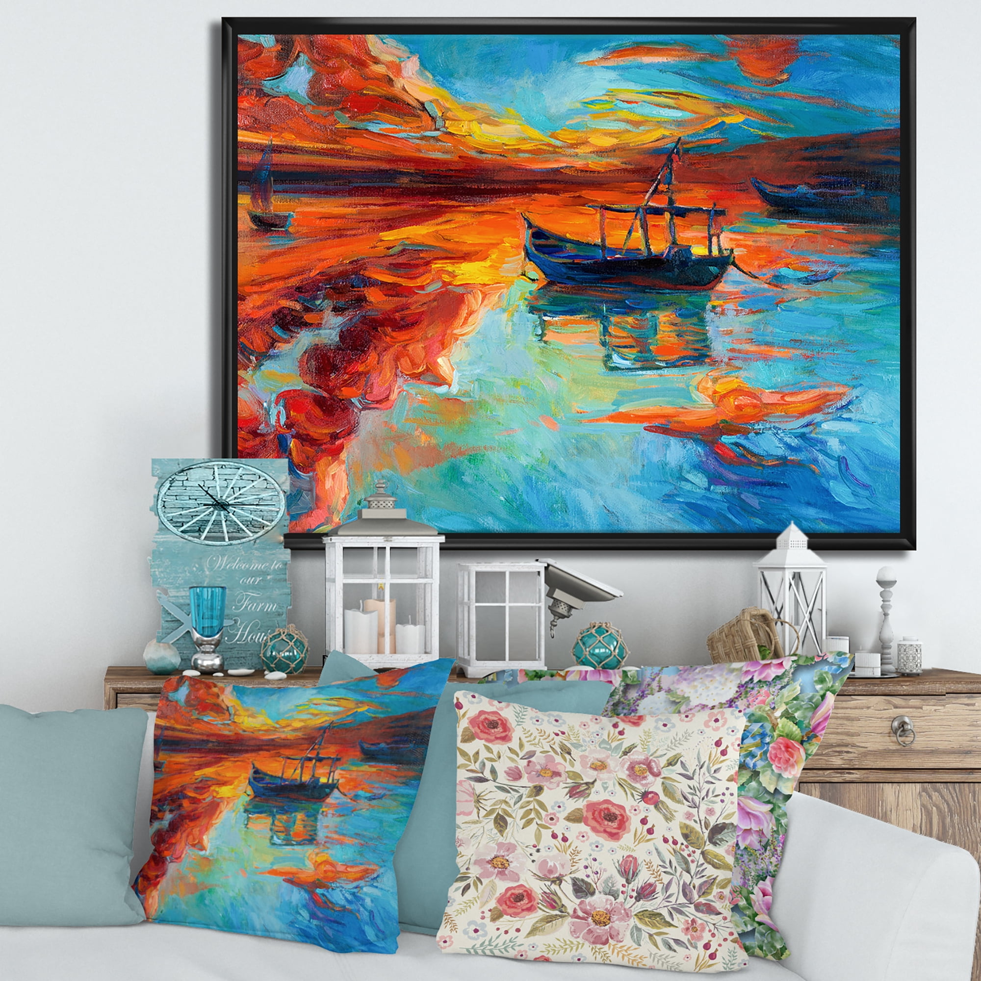 Designart 'Boat At The Lake During Evening Glow IV' Nautical & Coastal Framed Canvas Wall Art Print