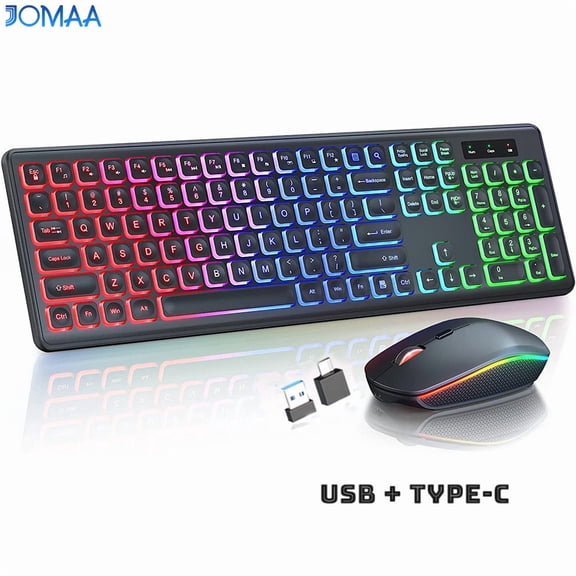 Jomaa Colors Backlit Wireless Keyboard and Mouse Set Rechargeable USB Type-c Full-Size Ergonomic Keyboard and Mouse Comb