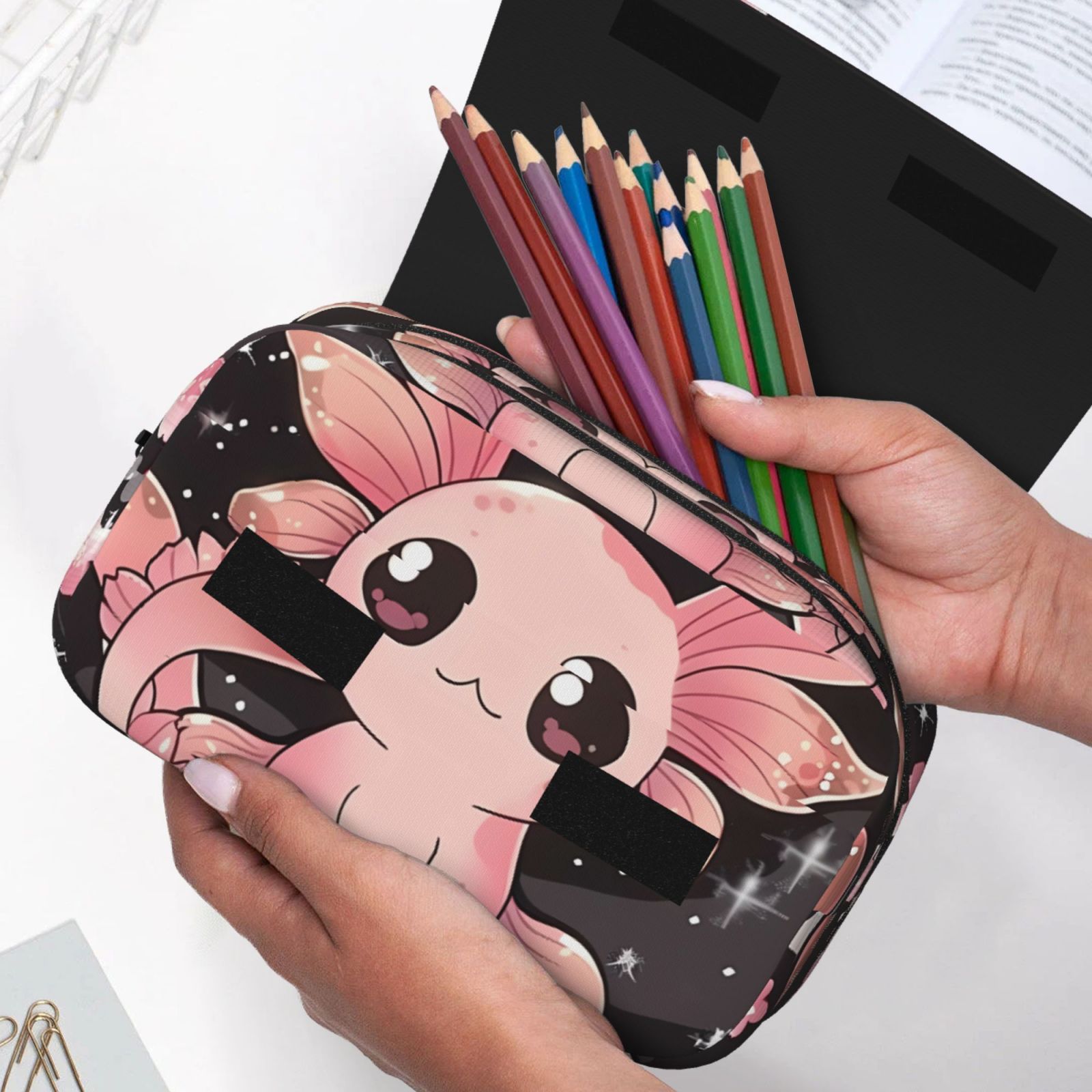 Rateoe Cute Axolotl Sakura Blossoms B Pattern Double Clamshell Pen Case, Storage Organizer with Two Zipper Compartments– Holds Up to 50 Pencils & Pens