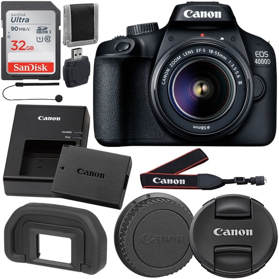 Canon EOS 4000D (International Model) DSLR Camera with EF-S 18-55mm f 3.5-5.6 III Lens & Starter Accessory Bundle – Includes SanDisk Ultra 32GB SDHC Memory Card, & More